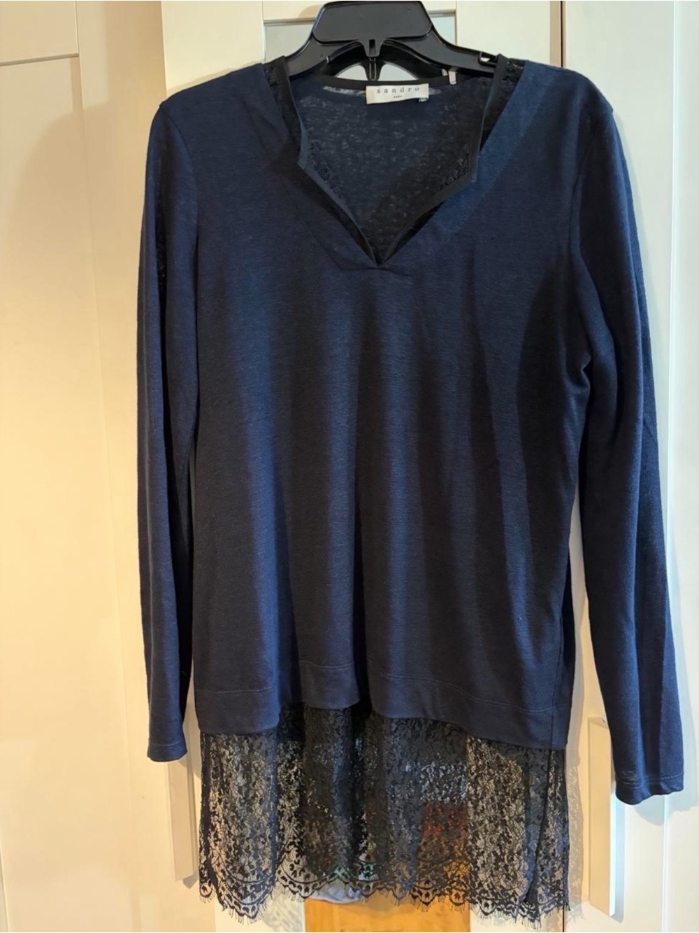 Sandro Navy V-Neck Long Sleeve Top with Lace Hem